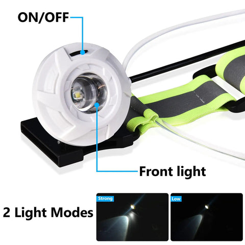LED Reflective Running Vest With Front Light For Runners And Cyclists showing front light switch and two brightness modes.