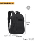 Compact 10L Tactical Daypack With MOLLE System dimensions, lightweight black gear bag for hiking and camping, side view