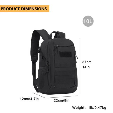 Compact 10L Tactical Daypack With MOLLE System dimensions, lightweight black gear bag for hiking and camping, side view