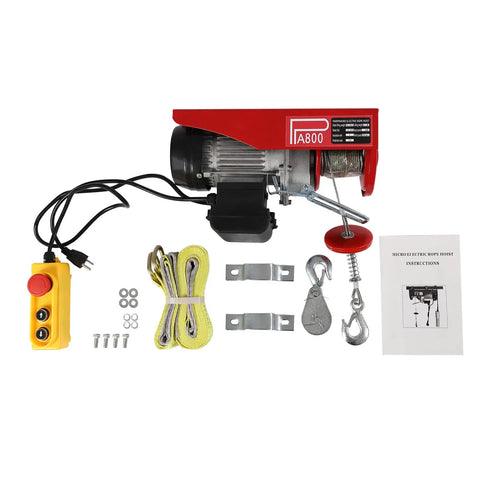 Huge 1763 Lbs Max Load Mini Electric Hoist Winch With Emergency Stop And 2 Heavy Duty Straps For Overhead Towing Garage Lifting Jobs That Are Totally Awesome components laid out including straps, control, and instructions.