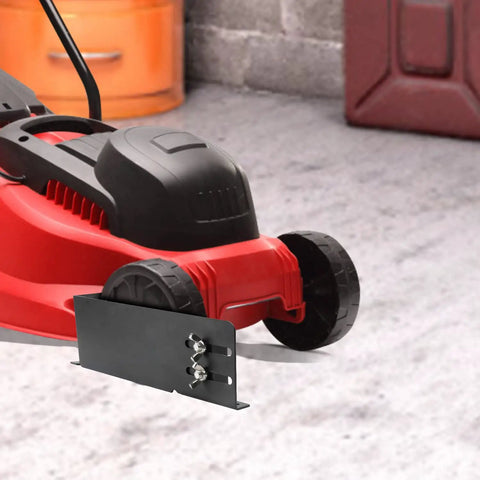 Lawnmower Wheel Boot Steel Bracket To Secure Your Mower On Open Or Enclosed Trailers And In The Garage, Adjustable For 8 To 10 Inch Wheel, Black attached to red mower