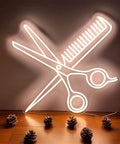 Scissors and comb warm white glow neon sign decor for salons
