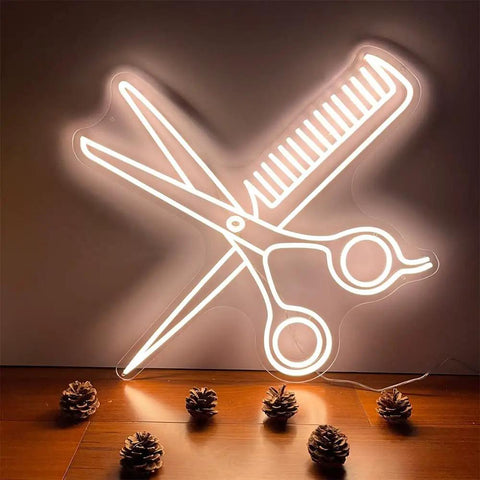 Neon Sign For Business With Adjustable Brightness Perfect For Parties Bars Salons Stores Hotels And Shops Wall Decor Includes Hanging Chain White LED Neon Light Sign For Indoor Use featuring scissors and comb design