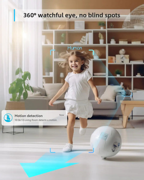 2K Indoor Camera With 360 Degree Coverage For Home Security, Pet Monitor showing motion tracking of child playing with ball