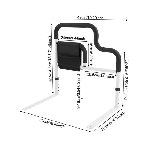 Heavy Duty Bed Rail With Handle And Pocket For Seniors, L Shaped Adjustable Safe Bedside Support dimensions view