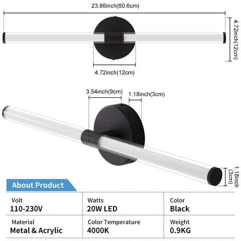 Diagram of Modern Black LED Bathroom Vanity Light Fixture Wall Sconce 24 Inch 20W 4000K Soft White, dimensions and specs shown