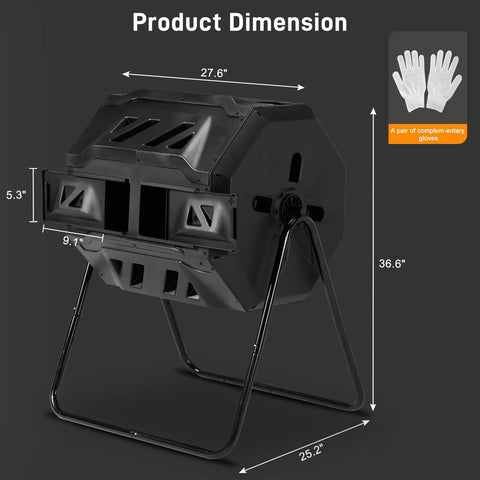 Front view of Dual Chamber Outdoor Compost Tumbler 42 Gallon with Sliding Doors and Gloves focusing on dimensions.