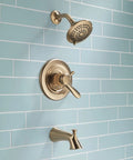 Lahara 17 Series Dual-Function Tub And Shower Trim Kit With 5-Spray Touch-Clean Shower Head In Stainless Steel installed in shower