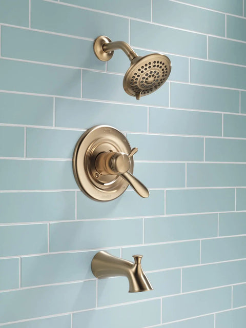 Lahara 17 Series Dual-Function Tub And Shower Trim Kit With 5-Spray Touch-Clean Shower Head In Stainless Steel installed in shower