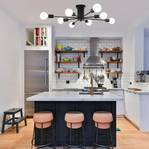 Eight Light Black Sputnik Ceiling Fixture For Kitchen And Dining Rooms installed above kitchen island with barstools