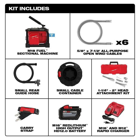 Top Tier Cordless Sectional Drain Cleaner With Brushless Motor Powers Through Roots Up To 150 Feet In Pipes From One Inch To Six Inches Light With Carry Strap One Key Compatible Includes Battery And Charger Sick Tool For Pros Who Need It Badly. Kit includes sectional machine, cables, hose, container, battery, and charger.