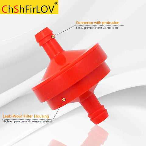 Inline Lawn Mower Fuel Filter One Quarter Inch Fuel Line 75 Micron Replacement Filter Pack with red housing.