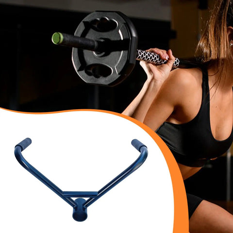 V Bar Attachment Handle for Rowing and Deadlifts shown with barbell, ideal for home gym cable machines, strength training focus.