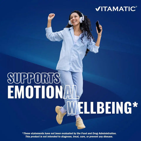 Person wearing headphones and holding a phone, with text "Supports Emotional Wellbeing" on a blue background, Vitamatic logo.