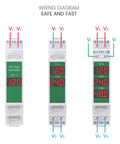 Wiring diagram for DC Voltmeter With 3 Digit LED Display 11 To 310V Plug And Play DIN Rail Mount Voltage Meter for industrial panels.