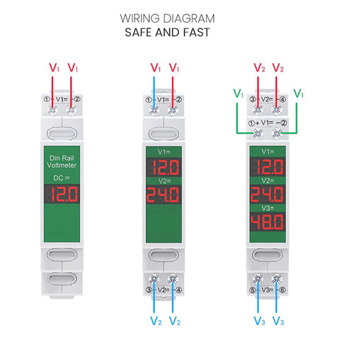 Wiring diagram for DC Voltmeter With 3 Digit LED Display 11 To 310V Plug And Play DIN Rail Mount Voltage Meter for industrial panels.