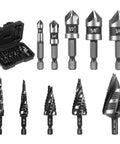 10 Piece Spiral Step Drill Bit Set For Stainless Steel With Enhanced Stability And Easy Ident Numbers Countersink Kit, assorted bits in case