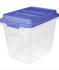 Kick Ass 32 Quart Clear Plastic Stackable Storage Bins With Blue Latching Lids, showing a clear box with blue lid.
