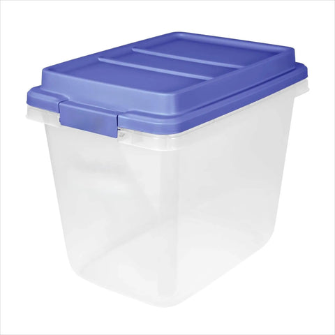 Kick Ass 32 Quart Clear Plastic Stackable Storage Bins With Blue Latching Lids, showing a clear box with blue lid.