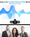 Top Rated Full Hd Webcam Equipped With Dual Noise Canceling Mics And Sliding Privacy Cover displaying sound waves and microphones.