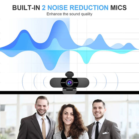 Top Rated Full Hd Webcam Equipped With Dual Noise Canceling Mics And Sliding Privacy Cover displaying sound waves and microphones.
