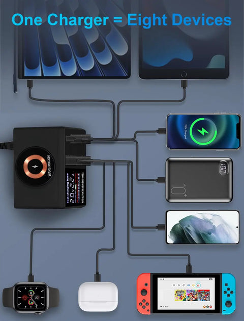 110W 8 Port USB Charging Station Fast Charge Hub powering multiple devices, including tablets, phones, and gaming console.