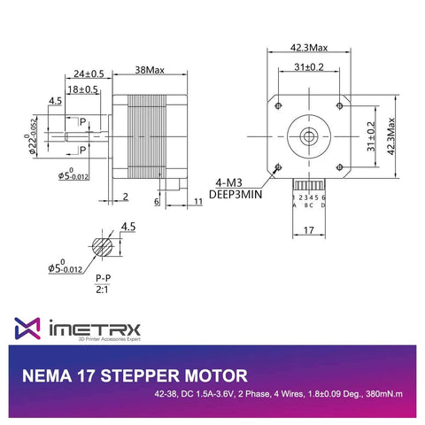 Technical diagram of Nema 17 Stepper Motor 42x38mm 17HS4401 featuring dimensions and specifications for CR-10 3D Printer.