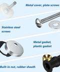 Two Pack Quick Release Toilet Seat Hinges For Blind Hole Fixes Built For Zero Sweat Setup And Slick Operation Made From Dang Tough Stainless Steel With Heavy Grip Rubber Bushings To Secure Your Bathroom Fixture Once And For All components including stainless steel screws, metal cover, and rubber sheaths.