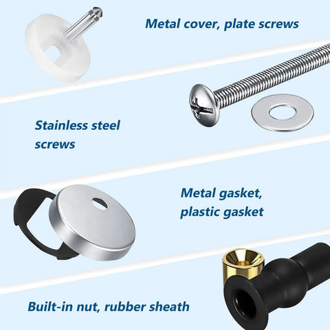Two Pack Quick Release Toilet Seat Hinges For Blind Hole Fixes Built For Zero Sweat Setup And Slick Operation Made From Dang Tough Stainless Steel With Heavy Grip Rubber Bushings To Secure Your Bathroom Fixture Once And For All components including stainless steel screws, metal cover, and rubber sheaths.