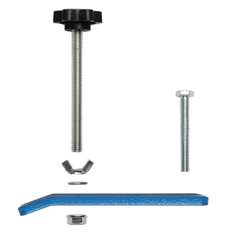 Four Pack Hold Down Clamp Kit For CNC Routers with components, 3.35 In L x 0.80 In W x 2.70 In H, laid out separately