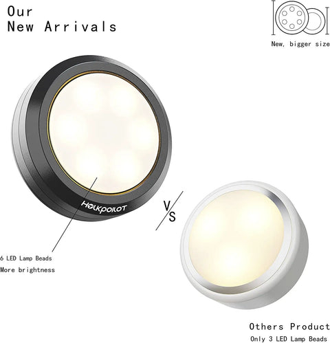 Puck Lights With Remote Control 4 Pack LED Under Cabinet Lighting Battery Powered No Fuss Dimmable Stick On Closet Lights For Kitchen Cabinets Hallway Pantry And Home Use, showcasing two puck light sizes with brightness comparison.