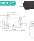Diagram and size of Normally Open Micro Switch Pack Of Four 20A 250VAC SPST Pin Plunger Interlock for door safety