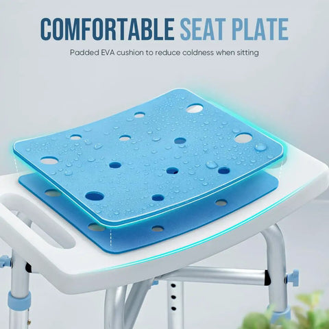 Blue padded seat of Heavy Duty Shower Chair 500lb Capacity, Padded Bath Seat With 6 Height Adjustable Tubes, Anti Slip Shower Bench