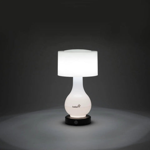 Six LED Battery Operated Motion Sensing Table Lamp With Dual Zone Lighting For Body Shade Or Both shown on dark background