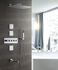 No Fuss Concealed In Wall Silver Square Thermostatic Shower Set Built Tough Lead Free Copper Body with rain canopy and handheld sprayer.