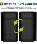 71 Inch Heavy Duty Lockable Metal Storage Cabinet With Two Doors And Four Adjustable Shelves For Garage Workshop Pantry Or Office Steel Utility Cabinet In Black With Adjustable Feet showing open doors and adjustable shelves.