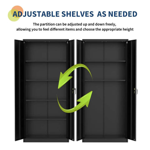 71 Inch Heavy Duty Lockable Metal Storage Cabinet With Two Doors And Four Adjustable Shelves For Garage Workshop Pantry Or Office Steel Utility Cabinet In Black With Adjustable Feet showing open doors and adjustable shelves.