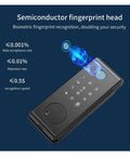 Slick Fingerprint Deadbolt Smart Keyless Entry Lock With Custom Keypad Codes And Heavy Duty Construction showing semiconductor fingerprint head.