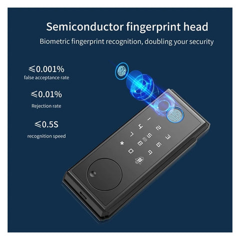 Slick Fingerprint Deadbolt Smart Keyless Entry Lock With Custom Keypad Codes And Heavy Duty Construction showing semiconductor fingerprint head.