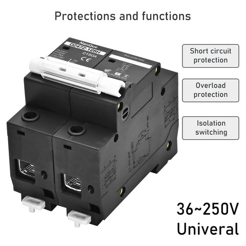 Heavy Hitter DC Circuit Breaker Rated At 150 Amps Smoothly Powers Through 36 To 250 Volts Din Rail Two Pole Thermomagnetic Switch for Solar connections.