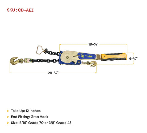 Two Pack Heavy Duty Ratchet Chain Binders 5/16 to 3/8 Inch With Swivel Grab Hooks And 5400 Lb Working Load Limit dimensions