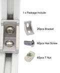 Package contents of 20 Sets Of 1.5 Inch Aluminum Extrusion Corner Brackets With T Nuts And Bolts shown with bracket, hex screw, and T nut close-up.