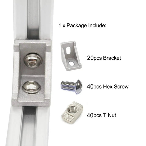 Package contents of 20 Sets Of 1.5 Inch Aluminum Extrusion Corner Brackets With T Nuts And Bolts shown with bracket, hex screw, and T nut close-up.
