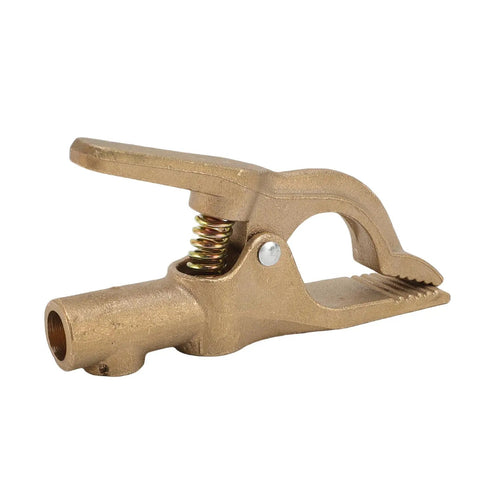 Sturdy Brass A Shaped Welding Ground Clamp With High 300 Amp Conductivity For Heavy Duty Stick And Arc Welder Jobs That Get Tough And Need Reliable Power Connections Every Time, close-up image.
