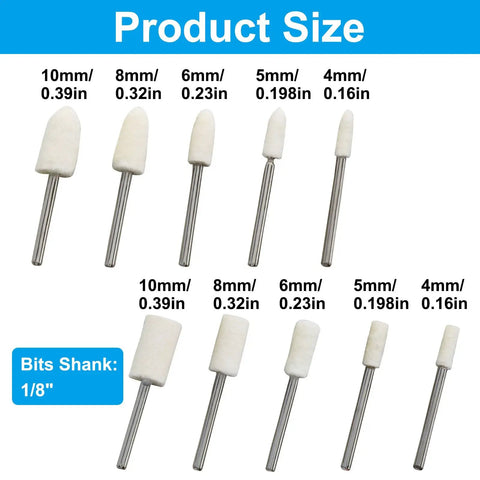 100 Pcs Wool Felt Polishing Bits Set With One Eighth Inch Shank Cone And Cylinder Shapes for rotary tool in size chart
