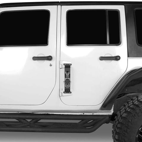 Heavy Duty Kickass Door Hinge Steps For Jeep Wrangler Jk Jku Roof Rack Access On white Jeep door with black accents.