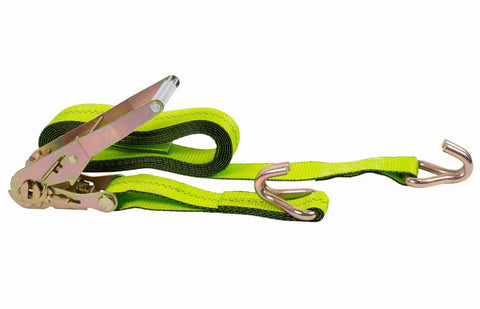 Four Pack 2 Inch Ratchet Straps With Wire Hooks For Flatbed Truck Tie Downs Safety Green Webbing 15 Foot Length Beefy Built Tough Heavy Duty 3,333 Lbs Working Load Limit shown with metal hooks and safety green webbing.