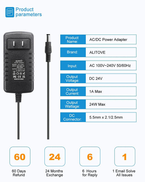 Go-To 24V DC Power Supply 1A 24W AC Adapter With 5.5mm Outer 2.1 To 2.5mm Inner Barrel Connector specifications displayed