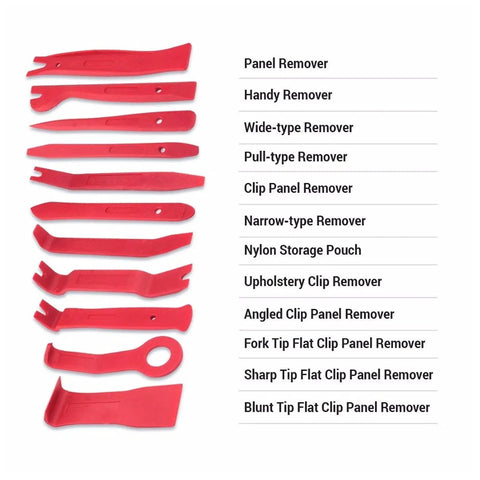 38 Piece Panel Removal Tool Kit Durable Ergonomic Pry Trim Tools For Automotive Marine Furniture And Aircraft Interior Fastener Clip Disassembly Made From Polyformaldehyde Material Flexible And Gentle On Delicate Surfaces shown with 11 red pry tools labeled by type