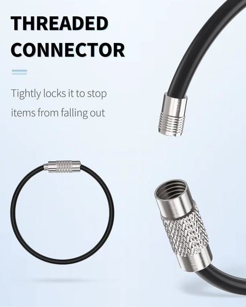 Threaded connector details of 4 Inch Wire Keychain Cable 12 Pack In 6 Assorted Colors Heavy Duty Connectable Loop For Outdoor Hiking Travel Rugged Stainless Steel Key Ring Holder For Everyday Carry And Luggage Tag Keeper.